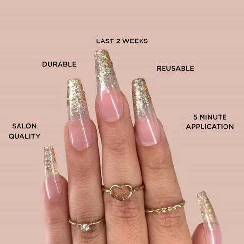 Vista 6 de GOLD VIBES - Uñas a presión de Lavaa Beauty Punta dorada con purpurina degradada Ataúd extra largas Vibes de oro