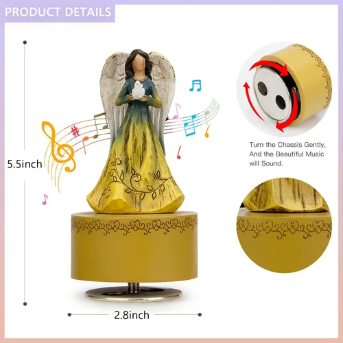Vista 3 de Caja de música, figurita de caja musical del Ángel Guardián sosteniendo un corazón, cajas musicales esculpidas pintadas a mano, figuras de cajas