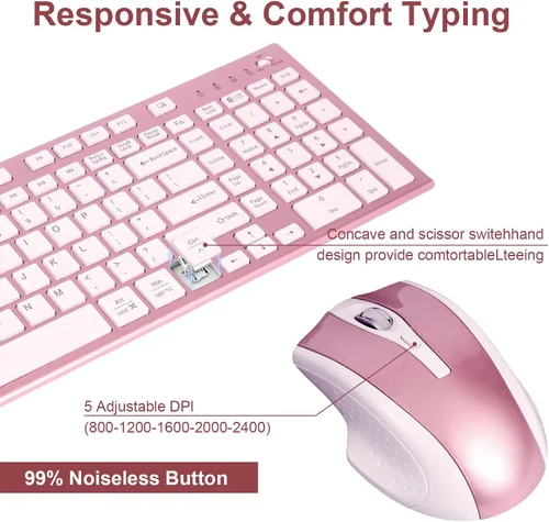 Vista 4 de Juego de teclado y mouse inalámbricos, 2.4G USB silencioso ultrafino compacto de tamaño completo, compatible con PC, Windows, Mac, MacBook (oro rosa)