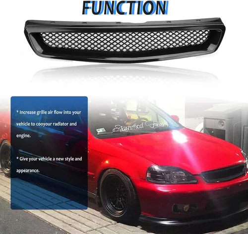Vista 4 de Rejilla de parachoques delantero compatible con 1999-2000 para Civic Coupe/Sedán JDM Tipo R ABS Malla negra Parte de repuesto de protector