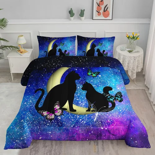 Vista 36 de Axolotl - Juego de ropa de cama para niños con diseño de gatos de dibujos animados tamaño individual, juego de edredón con líneas degradadas y lindo