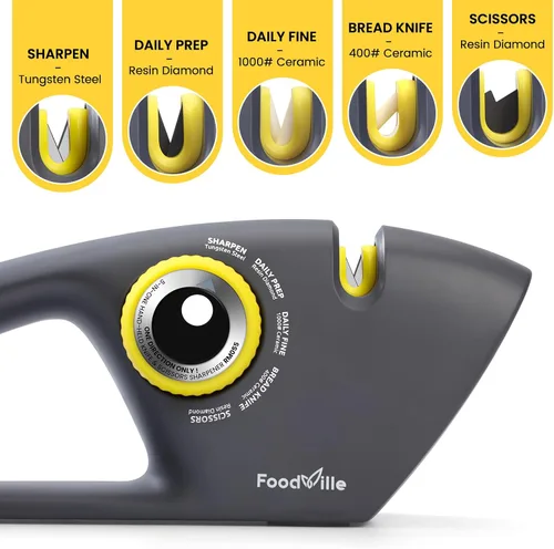 Vista 4 de FoodVille Afilador de cuchillos 5 en 1 con 5 etapas, incluyendo tungsteno, diamante, cerámica para tijeras y todo tipo de cuchillos de cocina