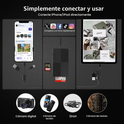 Vista 9 de Lector de tarjetas de memoria 8 en 1 con 3 puertos USB, adaptador Lightning/USB-C/USB-A para iPhone/Android/PC/Mac, compatible con tarjetas