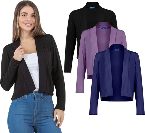 Vista 9 de Azules Cárdigan corto para mujer, suéter ligero de manga larga, cárdigan corto con frente abierto para vestidos
