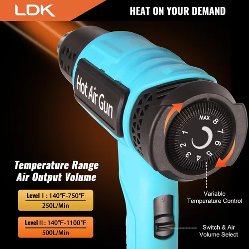 Vista 2 de LDK Pistola de calor, pistola de calefacción de control de temperatura variable de 140 °F a 1100 °F, kit de pistola de aire caliente resistente