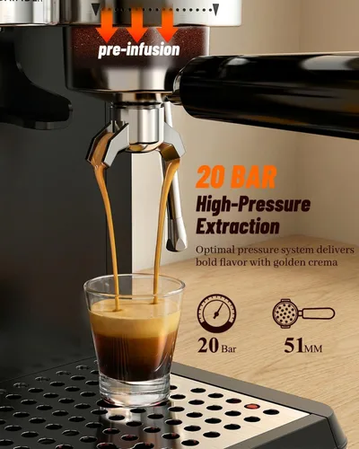 Vista 4 de Máquina de café expreso con molinillo y espumador de leche, 20 bar Features 20 grind settings, 61oz removable tank, 20-bar pump & steam frother