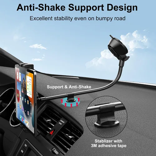 Vista 2 de Soporte para tablet para salpicadero de automóvil, soporte para iPad, cuello de cisne, parabrisas fuerte con ventosa para tabletas de 4.5 a 12.9