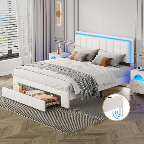 Vista 15 de Cama de plataforma flotante, marco de cama de madera tamaño individual con rayas claras, tela de lino suave y cabecera de diseño capitoné