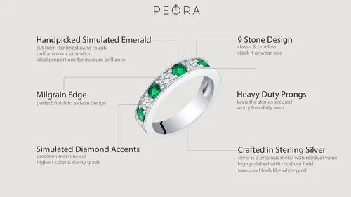 Vista 4 de PEORA Sterling Silver 4mm Milgrain Half-Eternity Anniversary Wedding Ring Band for Women, Various Gemstones, Comfort Fit, Sizes 5 to 9