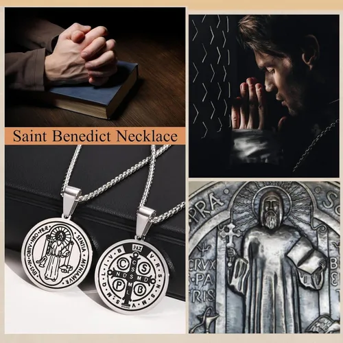 Vista 5 de Collar de plata de ley 925 con medalla de San Benito para hombres y mujeres, medallas sacramentales católicas para protección contra el mal, joyería