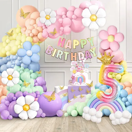 Vista 14 de Decoraciones de primer cumpleaños para niña, 219 margaritas para primer cumpleaños, kit de arco de globos pastel, pancarta de feliz cumpleaños