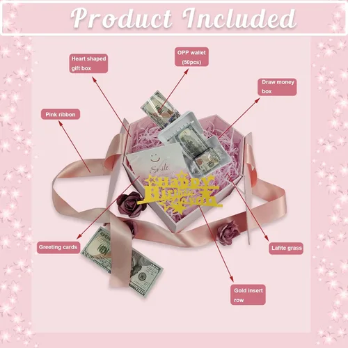 Vista 3 de Caja de dinero para regalo en efectivo, caja de regalo para dinero en efectivo, ideas rosadas, caja de regalo con tarjeta y cinta, regalo sorpresa