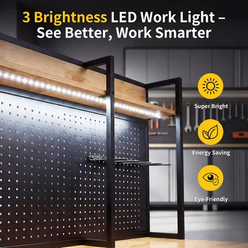 Vista 4 de Banco de trabajo resistente de 48 x 24 pulgadas con tablero de clavijas y luz LED, capacidad de carga de 1350 libras, regleta con puertos USB