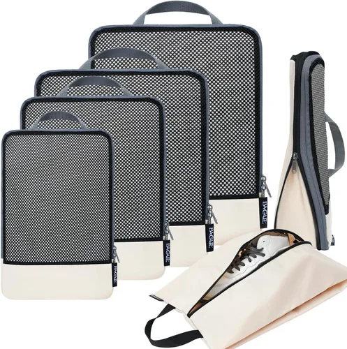 Vista 78 de BAGAIL 4 juegos/6 juegos/8 cubos de compresión para embalaje, accesorios de viaje, organizadores de embalaje expandibles (malla cuadrada, 06-beige)