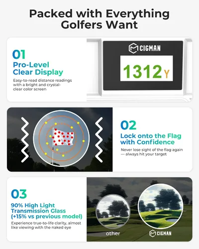 Vista 6 de Telémetro de golf con pendiente, CIGMAN 1312 yardas buscador de golf, pantalla a color externa, vibración de bloqueo de bandera, aumento 6X