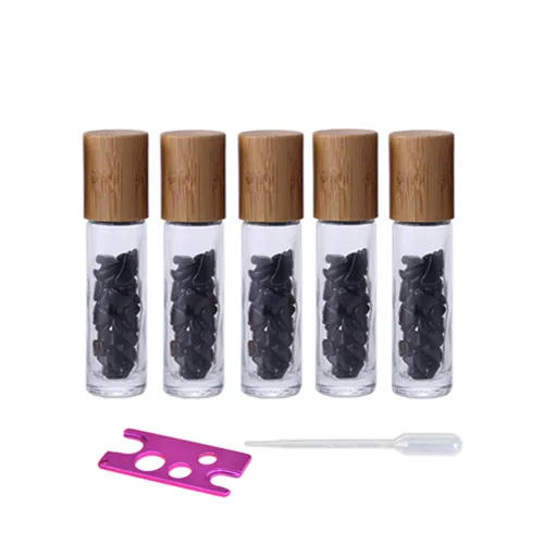 Vista 10 de Paquete de 5 botellas transparentes de 0.3 fl oz con chips de cristal de chakra naturales para aceites esenciales, botellas enrollables de vidrio