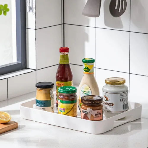 Vista 9 de Bandeja de plástico para servir con asas rectangular en color blanco de 12.99 x 10.24 pulgadas, bandeja de desayuno reutilizable, para alimentos