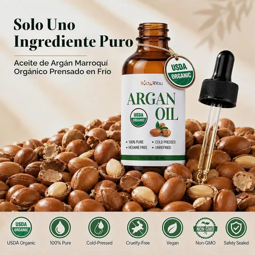 Vista 7 de BodyJ4You Aceite de argán orgánico para el cabello, piel y cara, protector