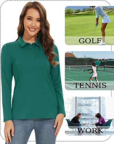 Vista 6 de TACVASEN Polo de golf para mujer, manga larga, protección solar UPF 50+, cuello de 3 botones, camiseta de secado rápido
