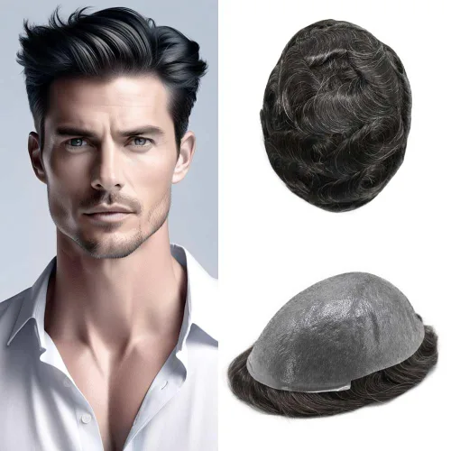 Vista 84 de 0.002 in ultra fina piel tupé Remy cabello humano piezas para hombres V-Looped sistema de pelo para hombre tupé pelo tupé para hombres protesis