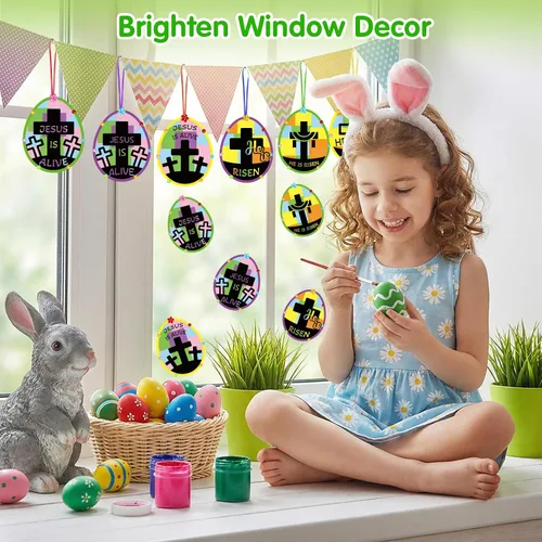 Vista 5 de Fennoral Paquete de 24 huevos religiosos de Pascua para niños, hazte dueño de huevos de Pascua, atrapasoles, kit de manualidades DIY Jesus is Risen