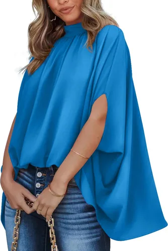 Vista 77 de BTFBM Blusas de verano para mujer, cuello alto falso, manga murciélago, holgadas, dobladillo alto y bajo, blusas informales de gran