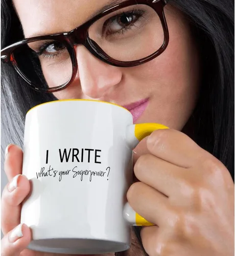 Vista 2 de 3dRose I Write - Whats your superpower - divertido regalo de 11 oz taza amarilla de dos tonos Amarillo
