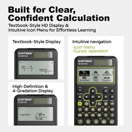 Vista 2 de CATIGA Calculadora científica negra con pantalla HD estilo libro de texto, calculadoras científicas solares y de batería para estudiantes