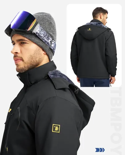 Vista 2 de TBMPOY Chaquetas de esquí para hombre, impermeables, para nieve, forro polar grueso, con capucha, para clima frío, cálido, trabajo en hielo al aire