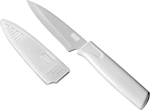 Vista 10 de Kuhn Rikon COLORI Cuchillo de pelar recto y dentado con funda de seguridad, hoja de 4 pulgadas, juego de 2, verde y amarillo