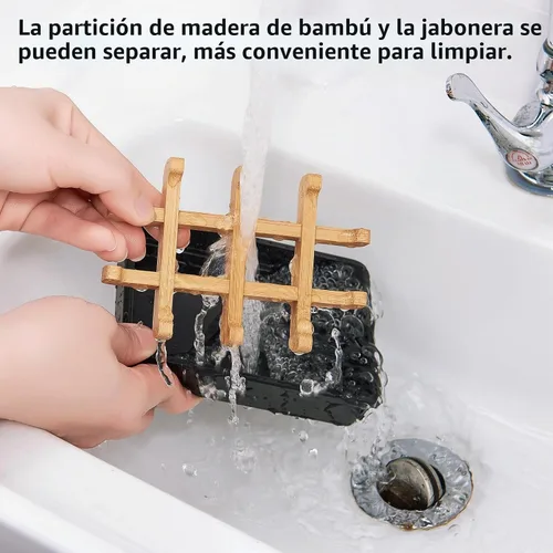Vista 4 de Jaboneras de bambú para ducha con drenaje de madera para jabonera de baño, fácil de limpiar, duraderas y con almohadillas antideslizantes