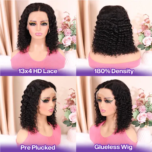Vista 3 de Pelucas Rizadas de Cabello Humano 13x4 HD Pelucas de Encaje Frontal de Ondas Profundas Cabello Humano Pre Desplumadas 12 Pulgadas Peluca Bob Cabello