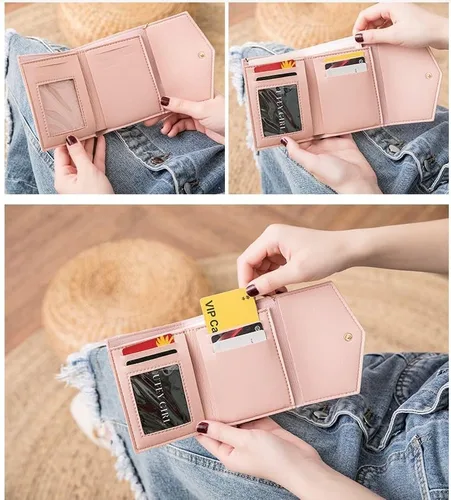 Vista 5 de Cartera con tarjetero RFID para mujer, billetera delgada, plegable, multitarjeta, con cremallera, monedero, Rosa., Compacto