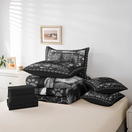 Vista 39 de Feelyou Juego de edredón de ciervo con sábanas – Tamaño Queen 7 piezas Juego de ropa de cama infantil de caza rústica – Cama de ciervo de cabaña