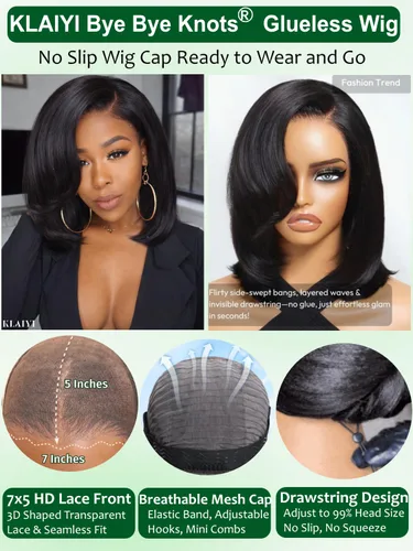 Vista 2 de KLAIYI Peluca de cabello humano con encaje frontal precortada 7x5, corte Bob en capas, corte romo, cordón sin pegamento, peluca predepilada
