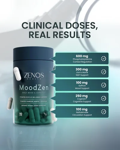 Vista 3 de Zenos Health MoodZen - Suplemento reductor de cortisol y apoyo para el estado de ánimo, potente suplemento de enfoque, fórmula natural para mejorar