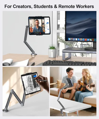 Vista 7 de YICOSUN Soporte de brazo para tableta con súper agarre, soporte plegable ajustable y abrazadera giratoria de aluminio resistente de 360° para iPad