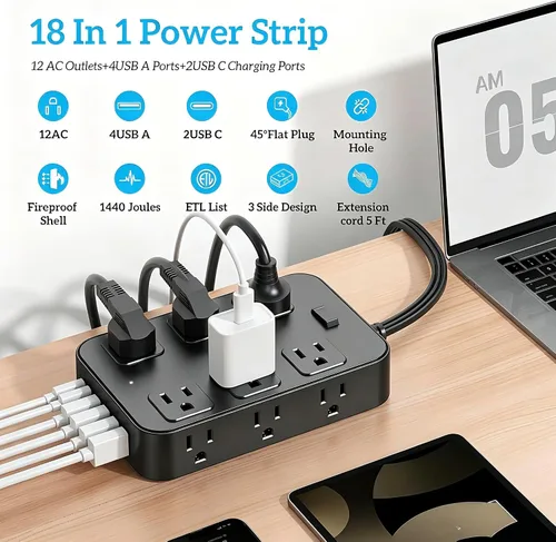 Vista 2 de Tira de alimentación con enchufe plano, protector de sobretensiones, cable de extensión de 5 pies con 12 tomas de corriente alterna, 6 puertos USB