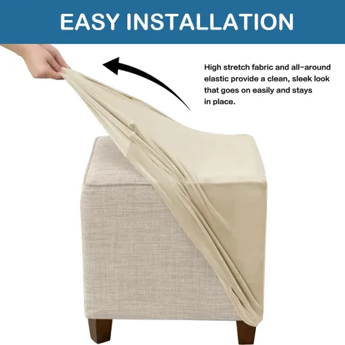 Vista 3 de Funda otomana cuadrada de terciopelo para otomana, protector para reposapiés, taburete, muebles, elástico, cómodo, con parte inferior elástica, Beige