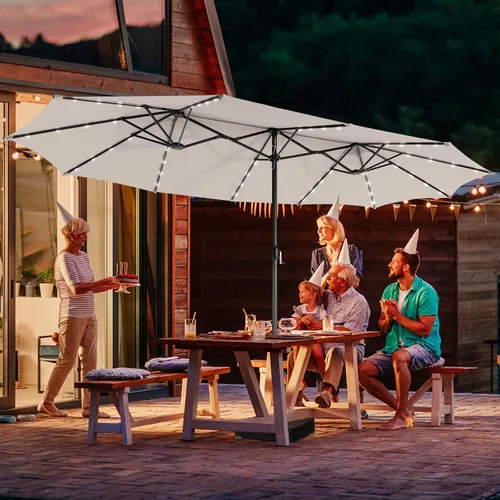 Vista 5 de Giantex Paraguas grande para exteriores de doble cara, 48 luces solares, panel solar de carga automática, sombrilla de patio extragrande con base