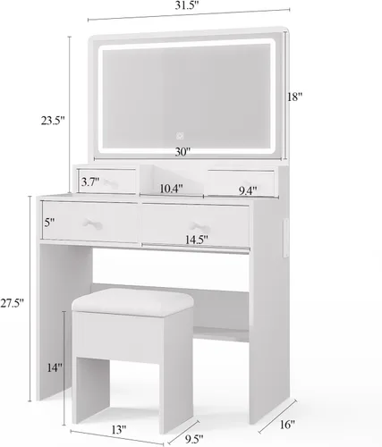 Vista 2 de Haewon - Escritorio de tocador con espejo LED, toma de corriente y silla de almacenamiento, color blanco Mesa de maquillaje con 3 modos de luz, 4