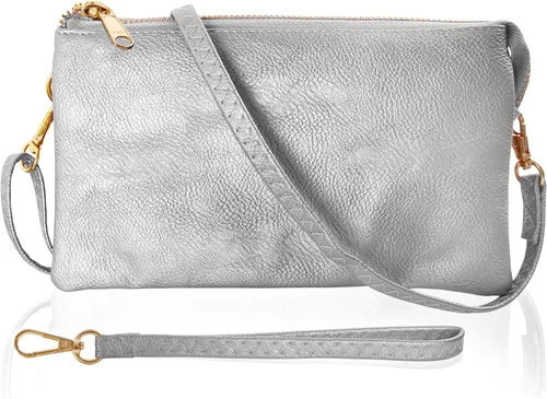Vista 11 de Humble Chic bolsa pequeña de piel vegana, para usar cruzada o cartera con ajuste de pulsera, incluye hombro ajustable y correa para muñeca. Oro