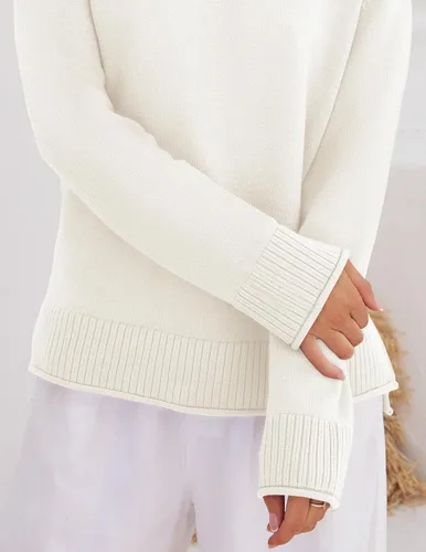 Vista 5 de ZESICA Suéter de manga larga para mujer, cuello redondo, tejido suave, abertura lateral, cómodo, holgado, para otoño 2023