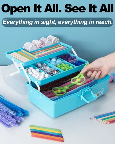 Vista 5 de TERGOO Organizadores y Almacenamiento de Manualidades de Plástico de 3 Capas de 12 Pulgadas, Caja de Aparejos Plegable Portátil con Asa y Divisores