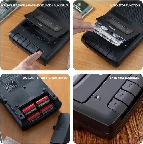 Vista 5 de Coby Reproductor de cassette portátil y grabadora con auriculares sobre la oreja, micrófono integrado, grabación de un solo toque, parada