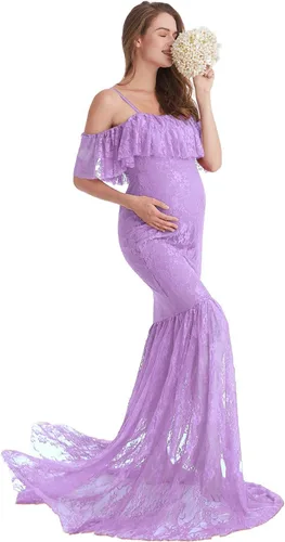Vista 2 de HIHCBF Vestido de sirena de maternidad de encaje para mujer, hombros descubiertos, volantes, tirantes delgados, ajustado, para sesión de fotos