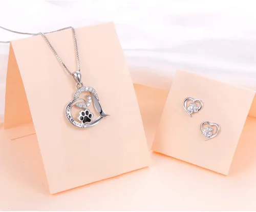 Vista 2 de FLYOW Juego de joyas de plata de ley 925 con estampado de pata de corazón y collar para mujer, Plata esterlina Zirconia cúbica