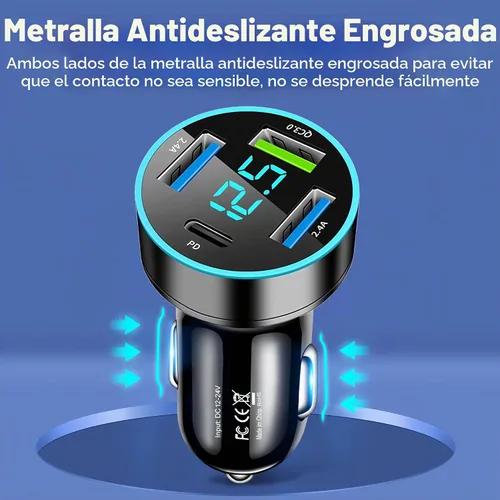 Vista 7 de Cargador de coche USB C de 4 puertos, adaptador de cargador USB con voltímetro PD 3.0 y QC 3.0 de carga rápida para iPhone 17/16/15, Samsung Galaxy