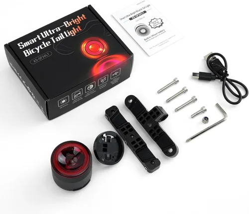 Vista 9 de Luz trasera de bicicleta de brillo variable, luz trasera de bicicleta con detección de freno, 800 mAh USB-C recargable, 4 modos de iluminación, IPX6