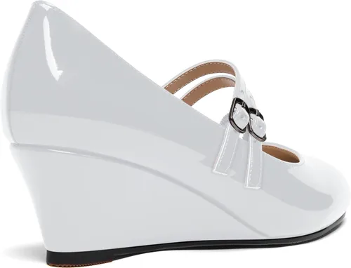 Vista 5 de Zapatos de tacón bajo con hebilla de punta redonda para mujer, con correa ajustable y correa ajustable, 2 pulgadas